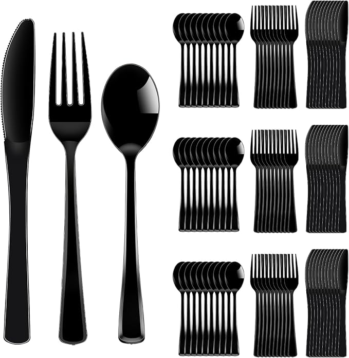300 Pack Black Disposable Plastic Silverware Heavy Duty,Black Cutlery Set, Plastic Forks and Spoons Knives Utensils Set for Birthday Party Prom Night,Weddings,Halloween