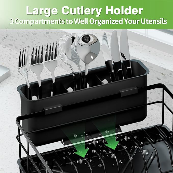 Dish Drying Rack, Large Capacity Dish Drainers for Kitchen Counter with Removeable Cutlery Holder, Rustproof & Sturdy Auto-Drain Multifunctional Organizer for Plates,Cups,knife fork Storage Essentials