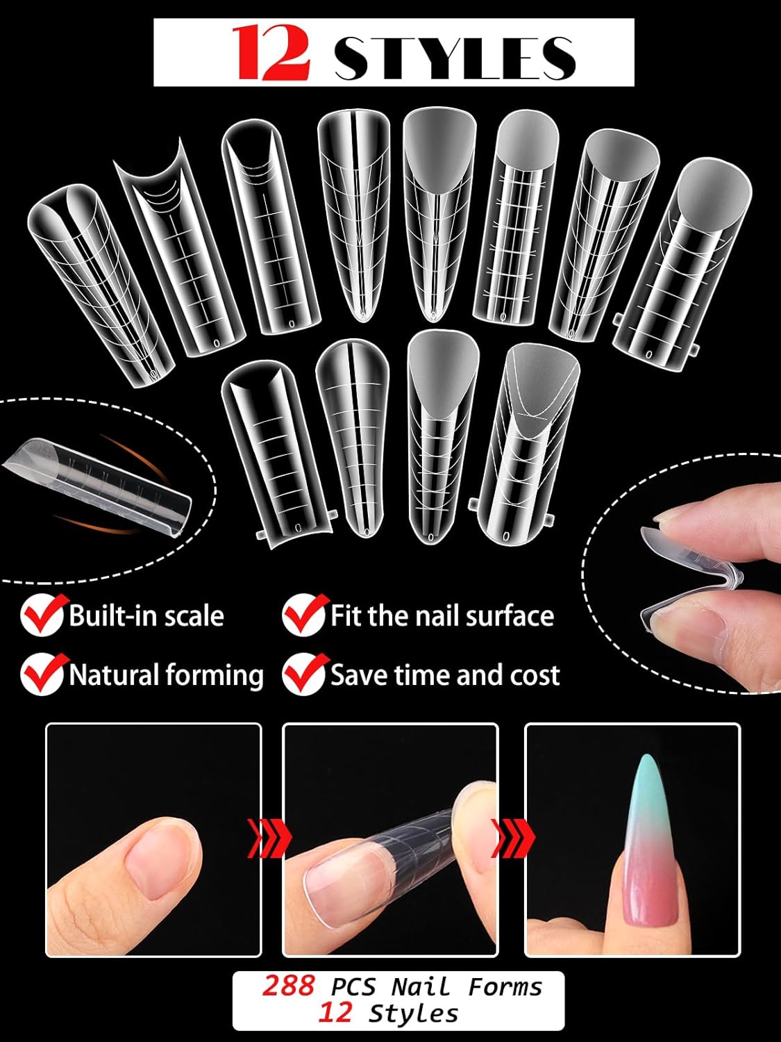 EBANKU Dual Forms for Poly Nail Gel 288PCS Dual Nail Forms Molds Stiletto Coffin Ballerina Acrylic Nail Tips 12 Shapes for Builder Gel Manicure Nail Art Design Salon DIY at Home-BrightBean Baby