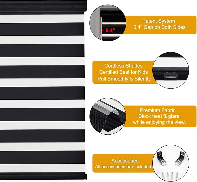 Persilux Cordless Zebra Blinds for Windows Free-Stop Roller Windows Shades (34" W X 72" H, Black) Dual Layer Light Control for Day and Night, Light Filtering Sheer Shades for Home, Easy to Install
