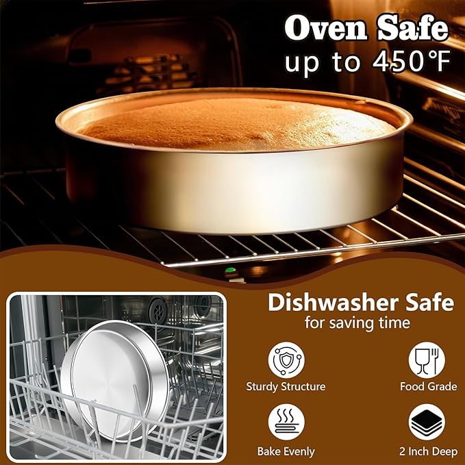 LIANYU 9 Inch Round Cake Pan Set of 3, Stainless Steel Layer Deep Round Baking Cake Pan Set, Metal Baking Tins Mold Perfect for Brownie Lasagna, Dishwasher & Oven Safe