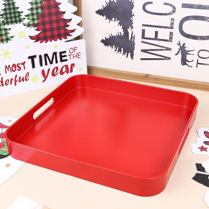 Square Red Decorative Serving Tray with Handles, Versatile Ottoman Tray for Coffee Table, Entertaining, Outdoor Patio, Living Room, 13”*13”*1.6”