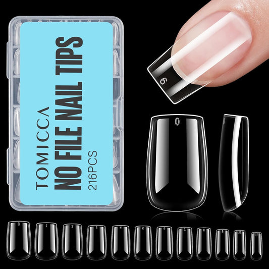 TOMICCA Fake Clear Nails, Short Square False Nail Tips, 216Pcs Nail Extension Tips for DIY Salon Gift-BrightBean Baby