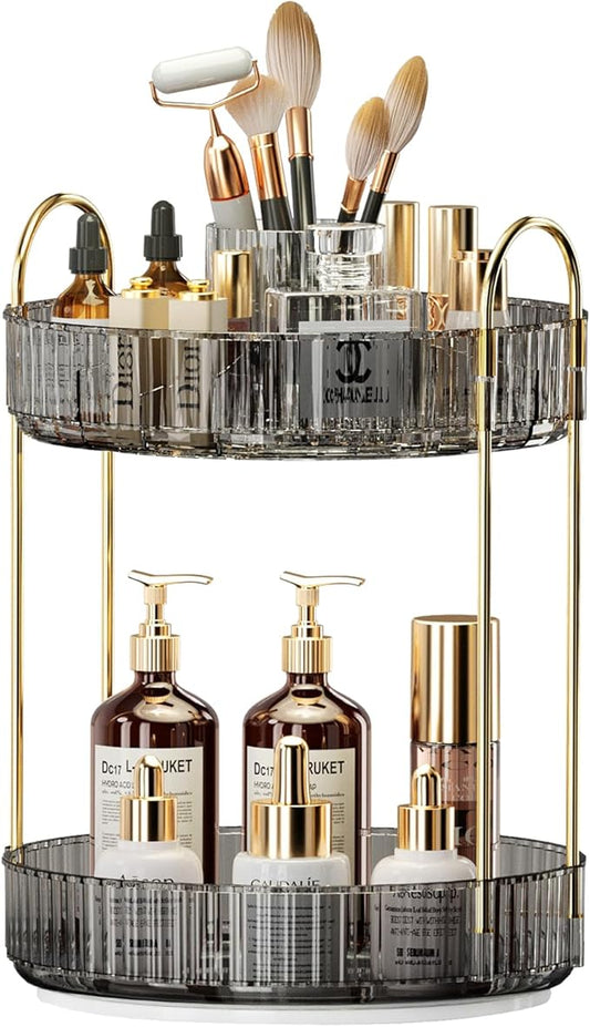 360° Rotating Makeup Organizer, Large-Capacity Skincare Make Up Storage 2 Tier Perfume Organizers Cosmetic Dresser Organizer with Makeup Brush Holder, Fits Bedroom, Bathroom, Vanity Shelf Countertop-BrightBean Baby