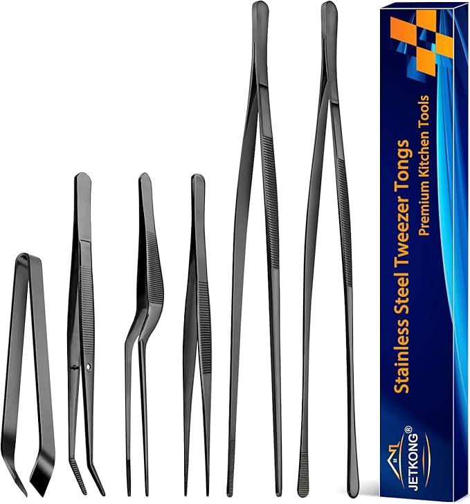 JETKONG 6 Pcs Cooking Tweezer Tongs, 12'' and 6.3" Stainless Steel Kitchen Tweezer Set, Professional Chef Tweezers for Cooking, Repairing, Sea Food, BBQ, Multi-use (Black)