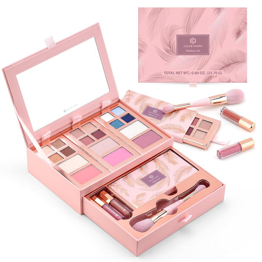Color Nymph Small Makeup Palette Set for Face | Cosmetics Gift Set for Women & Girls | 12 Colors Eyeshadow, Blush, Highlighter, Contour Powder, Lip Gloss & Brush Kit | Travel-Friendly (Pink)-BrightBean Baby