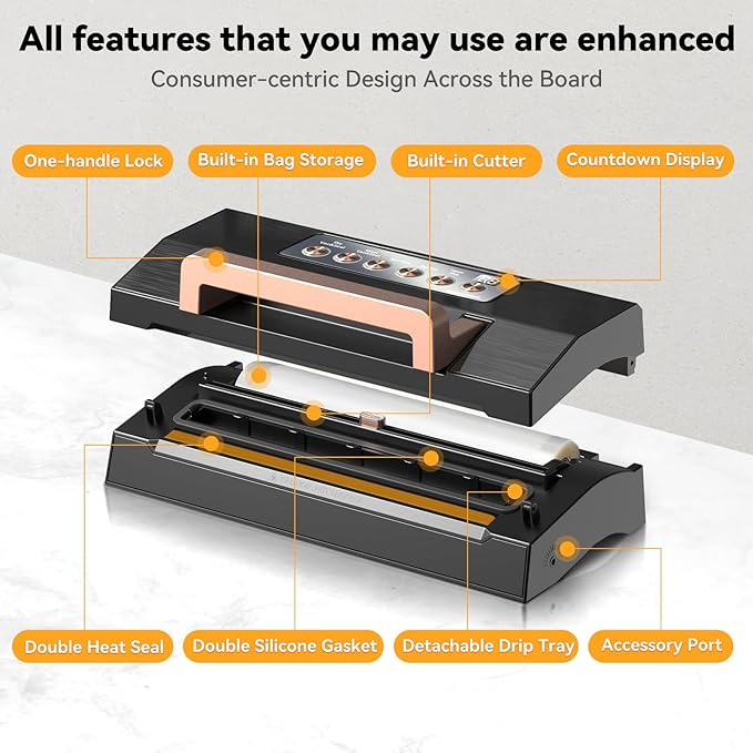 2025 Black Stainless Steel Food Vacuum Sealer, VACAPEX Deluxe Vacuum Sealer Machine with 11" Double Heat Seal and Automatic One-Touch System, Bags Storage & Cutter, Easy-Lock Handle with 2 Bag Rolls