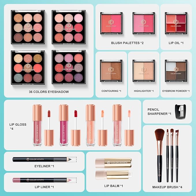 Color Nymph All In One Makeup Kit Comestics Gifts for Girls Teens, Travel Makeup Set 4 Trays Train Case for Beginner Includes Eyeshadow Highlighter Lipgloss Blush Concealer Brush Eyeliner Lipbalm-BrightBean Baby