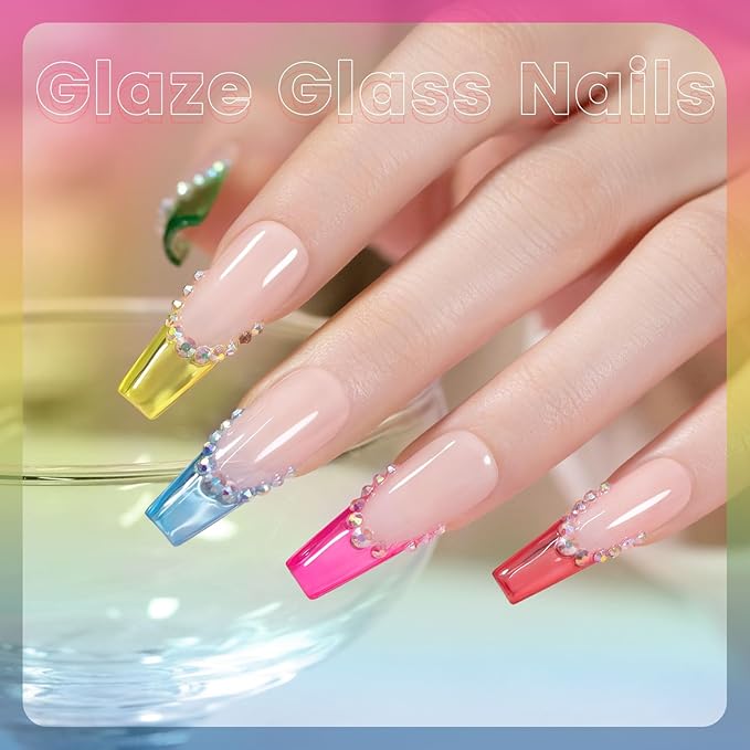 RARJSM Colorful Stained Glass Gel Nail Polish Set 6pcs Clear Crytal Blue Green Yellow Orange Red Neon Pink Series Transparent Sheer Amber Milky Gel Varnish LED UV Curing Requires French Manicure-BrightBean Baby