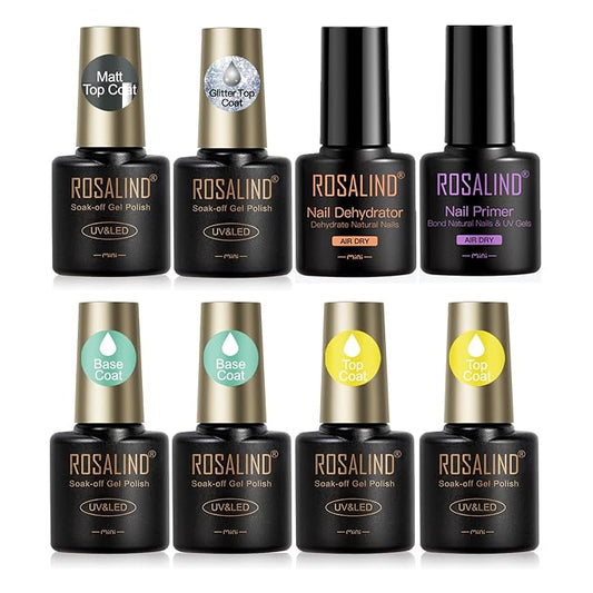 ROSALIND 8 PCS Nail Prep Dehydrator and Primer with Base Coat Top Coat, Glossy Glitter Matte Top Coat for Acrylic Gel Nail Polish Nail Art Supplies Gift-BrightBean Baby