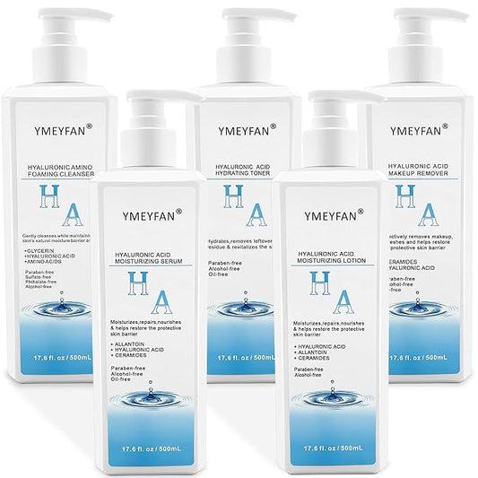 5 Step Skin Care Set, Large 17.6 Fl oz, All with Hyaluronic Acid Facial Skin Care Products, Makeup Remover, Cleanser, Toner, Serum, Lotion, Hydrating & Protect Skin, Sulfates & Paraben-Free-BrightBean Baby
