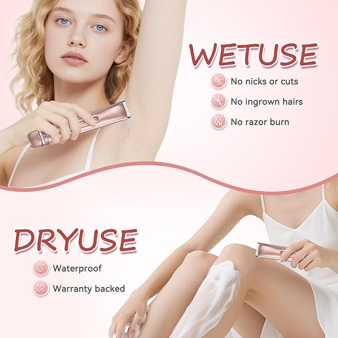 Bikini Trimmer for Women - 2 in 1 Electric Body Hair Trimmer for Silky Skin, Cordless Body Shaver for Travel, IPX7 Waterproof & Easy to Clean, Replaceable Ceramic Blade Heads, Rose Gold-BrightBean Baby