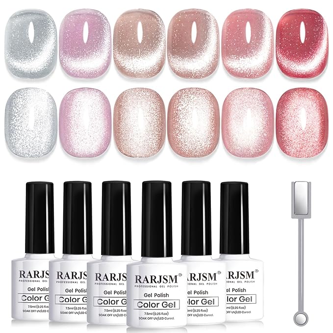 RARJSM Cat Eye Gel Nail Polish Set 6 Pcs Magnetic Sparkle Diamond Glitter Nude Pink Light Purple Red Silver Sheer Pink Velvet Ice Jelly Gel Polish with Magnet Stick UV LED Curing Requires Soak Off-BrightBean Baby