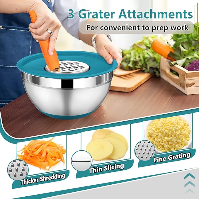 P&P CHEF Mixing Bowl with Lids Set of 3, Stainless Steel Nesting Salad Bowls for Serving Preparing, 3 Grater Attachments & Non-Slip Bottoms, Size 1.5/2.6/4.6 QT, Blue