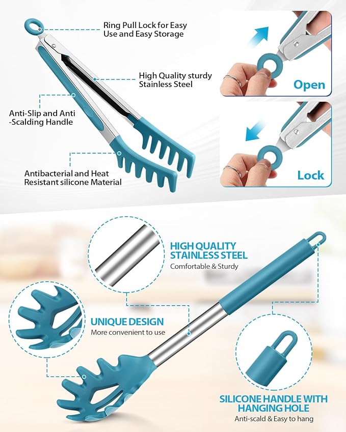 Spaghetti Spoon and Pasta Tong, Non-stick Silicone Spoon Server Fork With Teeth and Stainless Steel Handle, Food Clip for Noodles (Blue)