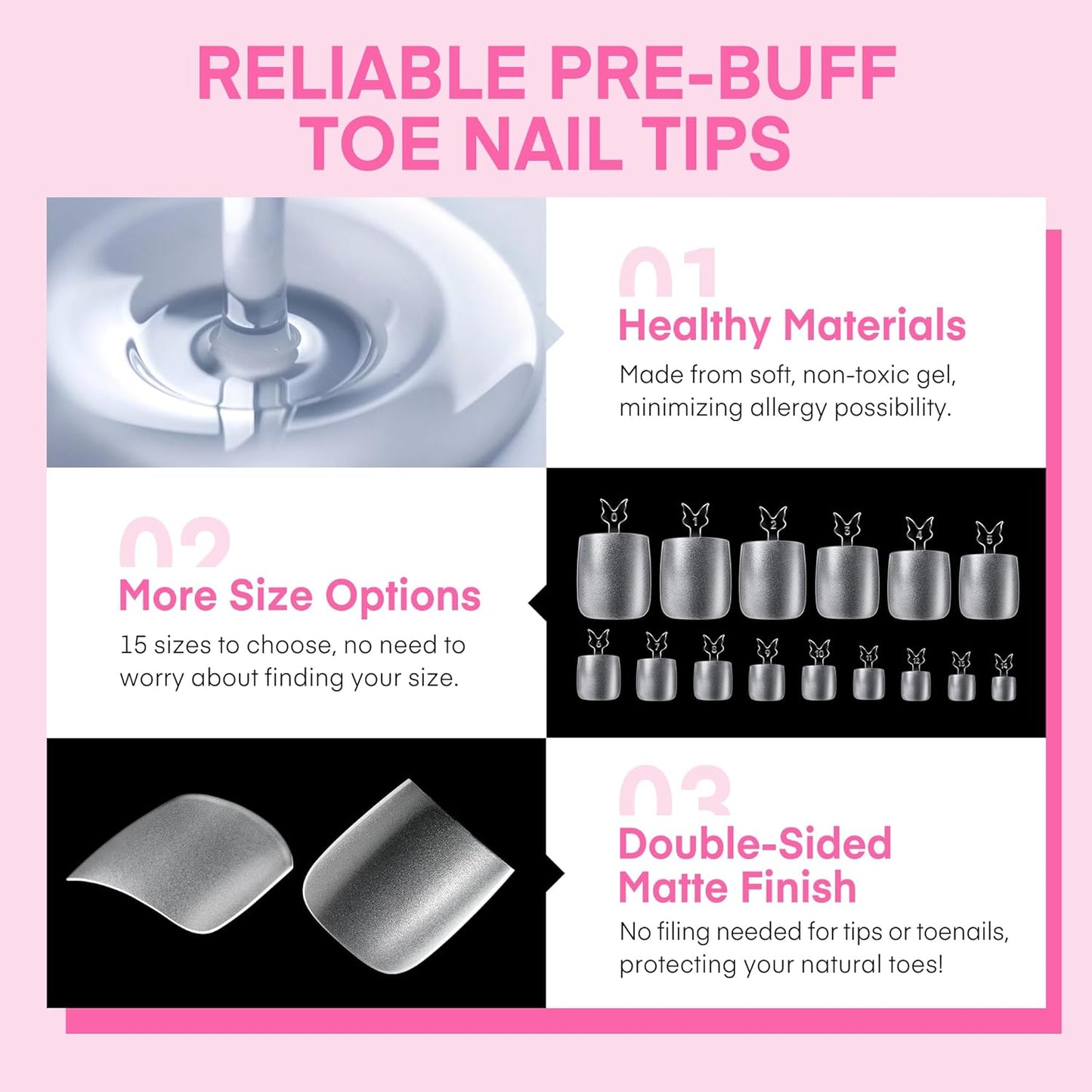 UNA GELLA Square Toe Nail Tips For Big Toe, 504Pcs 15Sizes Soft Gel Full Cover Toe Nail Tip Pre-buff Fake Acrylic Toe Nail Press Ons Soak Off Pedicure For Nail Extensions Home DIY Nail Salon-BrightBean Baby