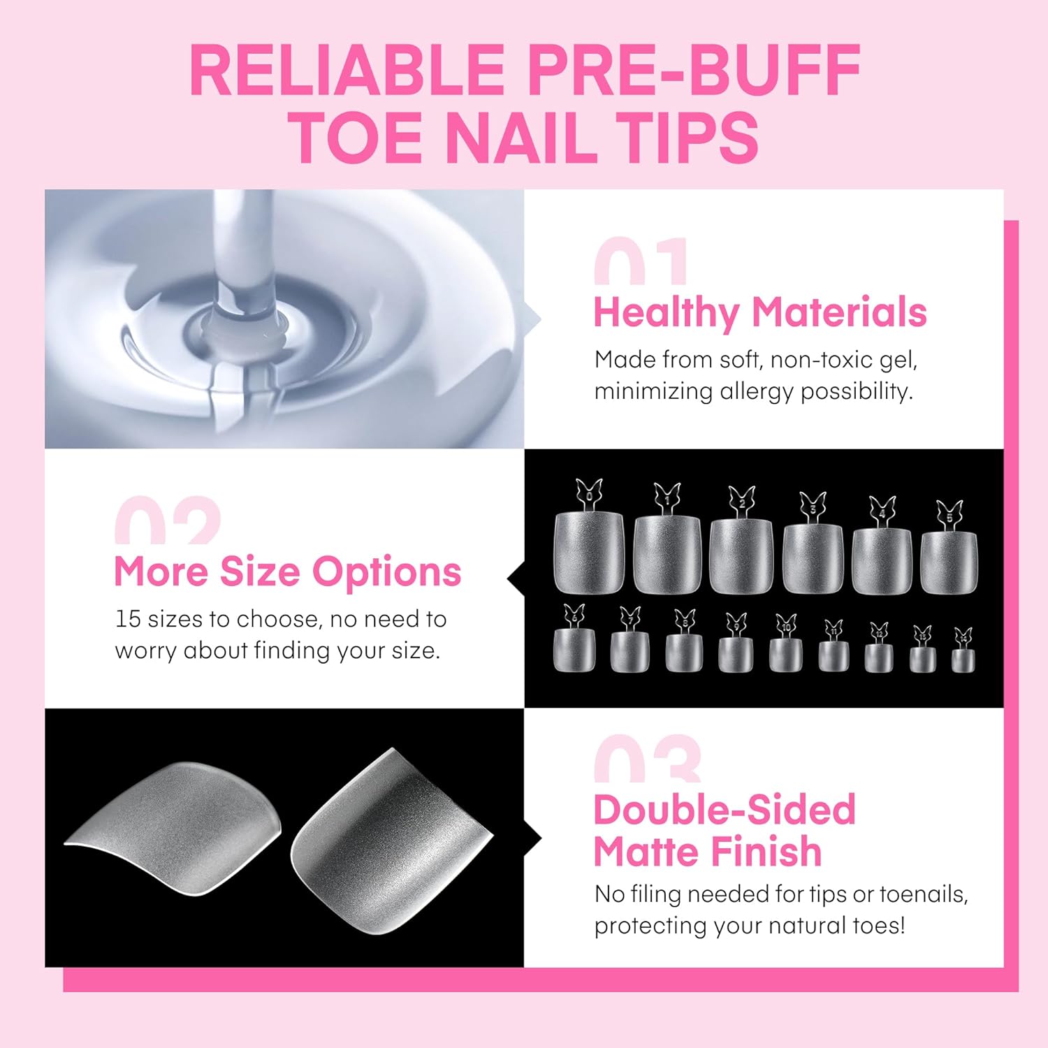 UNA GELLA Square Toe Nail Tips For Big Toe, 504Pcs 15Sizes Soft Gel Full Cover Toe Nail Tip Pre-buff Fake Acrylic Toe Nail Press Ons Soak Off Pedicure For Nail Extensions Home DIY Nail Salon-BrightBean Baby