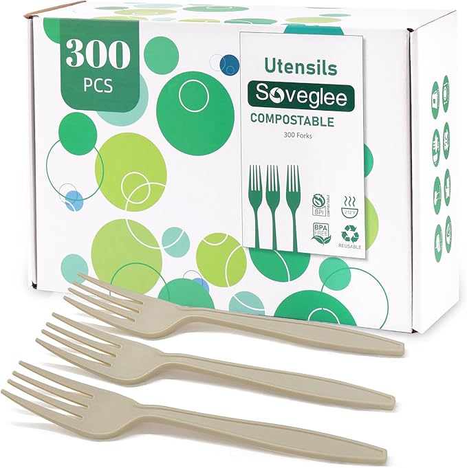 300 Count Compostable Forks, Light Brown Disposable Forks, Heavy Duty No Plastic Silverware, Compostable Utensils for Party, Eco Friendly & Heat Resistant