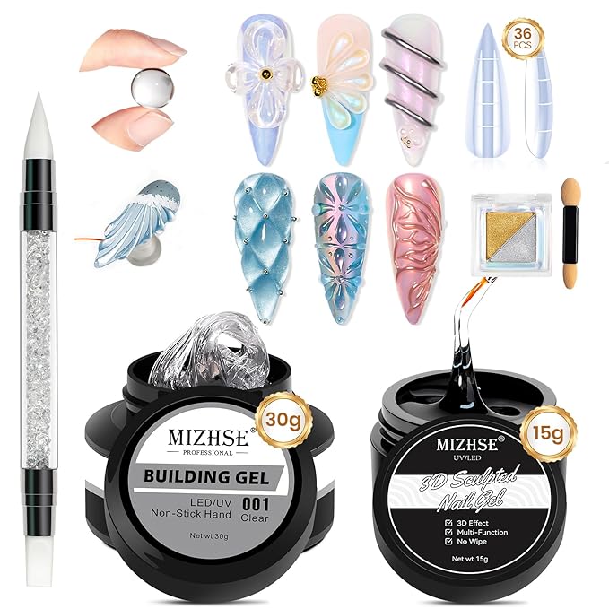 MIZHSE 30g/1oz Solid Builder Gel for Nails and 15g 3D Painting Gel, Clear Hard Gels for Nails Sculpting Nails Art Soak Off U V LED Builder Salon Home DIY Manicure-BrightBean Baby