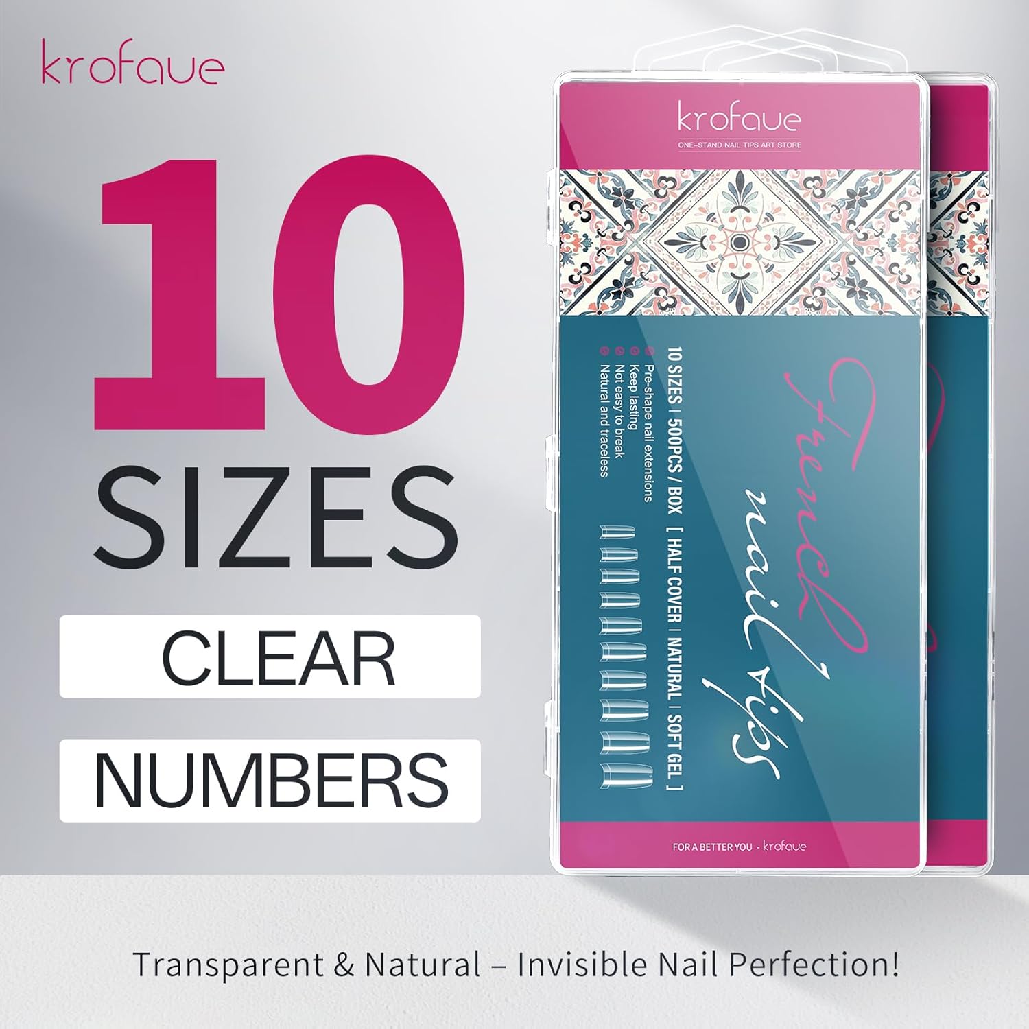 krofaue Nail Tips Lady French Style Acrylic Artificial Half Cover False Nail Tips with Box Ideal for Salons and Home DIY Manicure,10 Sizes,1000PCS (Natural and Clear)-BrightBean Baby