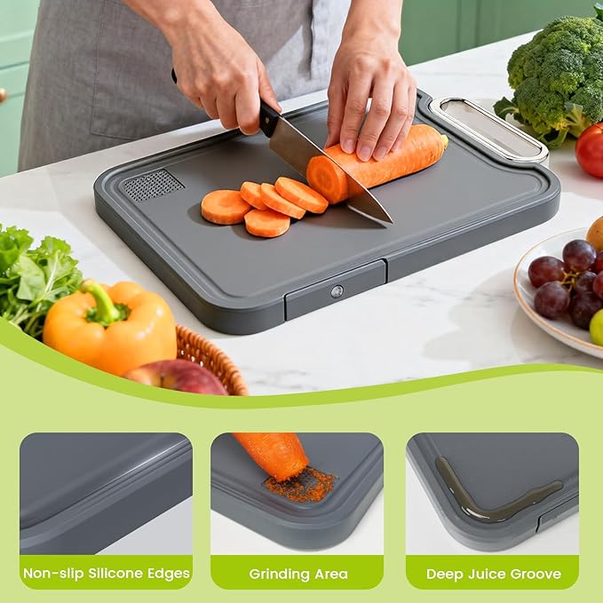 Titanium Cutting Board for Kitchen, Cutting Boards Non Toxic Double Sided Metal Pure Titanium and Wheat Straw PP Chopping Board Food Grade Easy to Clean Large Size 16"*10"*0.9"(Grey)