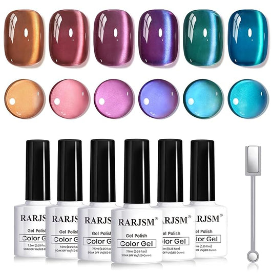 RARJSM Aurora Ceramics Glitter Glass Cat Eye Gel Nail Polish Set 6Pcs Pink Purple Brown Blue Green Shimmer Smoothie Cateye Colorful Galaxy Effect with Magnetic Stick UV LED Curing Require Home Salon-BrightBean Baby
