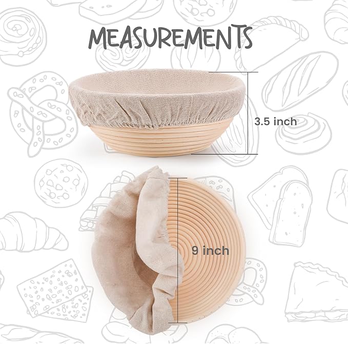 Round Bread Dough Proofing Rising Rattan Baskets(Set of 2, 9 inch) w/Liners for Home Sourdough Bread Bakers