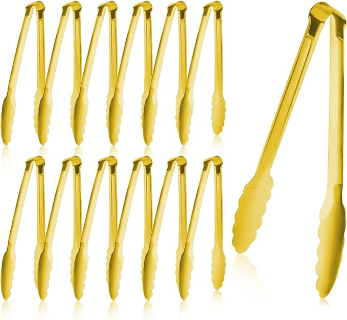 Gold Buffet Tongs 9'' Inches Serving Tongs Heavy Duty Stainless steel Kitchen and BBQ Utility Tong Pack of 12 (Gold, 9inch)