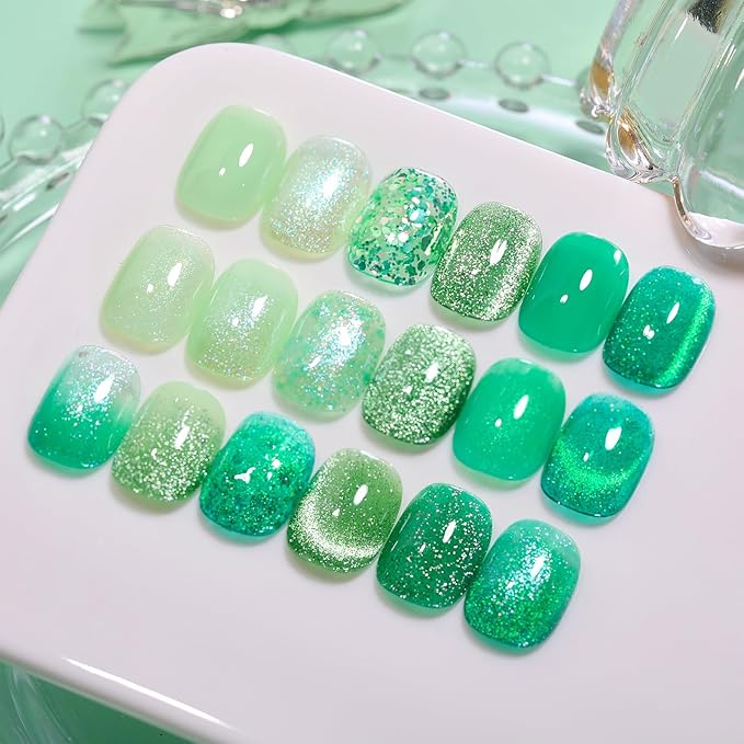 Born Pretty Gel Nail Polish Green Series,Jelly Transparent Gel Nail Polish, Cat Magnetic Eye,Shimmer Glitter Holographic Green Gel Polish Kit for Salon Manicure and Nail Art DIY at Home 6PCS 7ml-BrightBean Baby