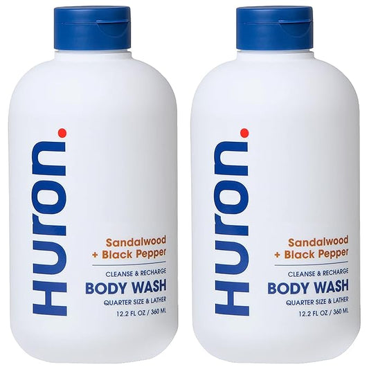 Huron Men’s Moisturizing Body Wash - Clean & Woody Scent of Sandalwood, Black Pepper, Cedarwood, & Amber - Made With Coconut Oil, Vitamin E & Witch Hazel - Vegan, Cruelty-Free - 12.2 fl oz (2 Pack)-BrightBean Baby