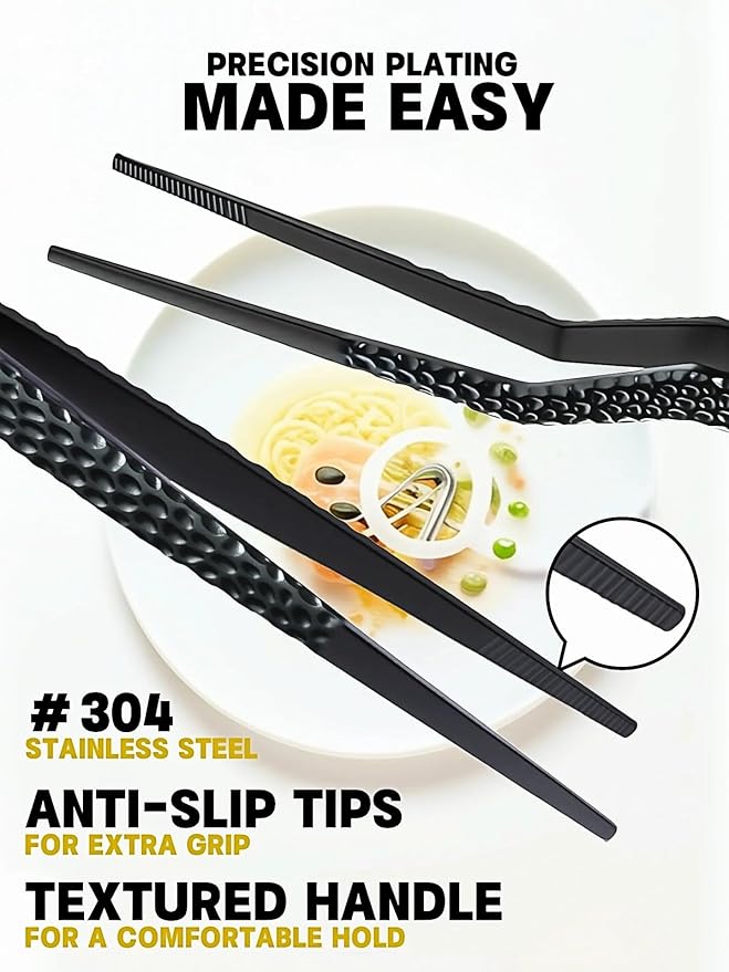 Cooking Tweezers, 2 Piece Chef's Tweezers Tongs, Chef's Plating Tool, 10 inch Food tweezers, Universal for all kinds of cooking, steak, plating, pasta and many other scenarios (2pc Set)