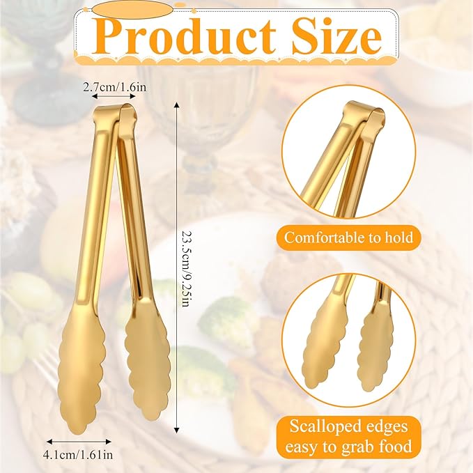 12 Pack Stainless Steel Buffet Tong Gold Serving Tongs 9 Inch Buffet Utensils Heavy Duty Durable Clamps Metal Kitchen Clip for Salad Steak Wedding Party Banquet Gathering