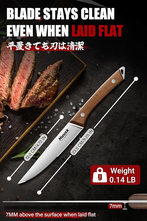 Huusk Steak Knives Set of 6 with Drawer Organizer-4.5 in Japanese Serrated Steak Knife Set with Block, Serrated & Straight Dual-Edge, Stainless Steel Steaks Knives with Holder, Gift Box for Men Wowen