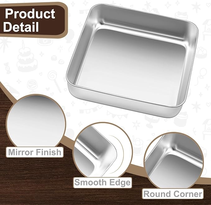 BEWOS 102 PCS 8-Inch Square Cake Pan Set - Includes 100 Baking Parchment Papers, Double Non-Stick Stainless Steel Cake Pans, Baking Pan for Brownie Cakes, Mirror Polished & Dishwasher Safe