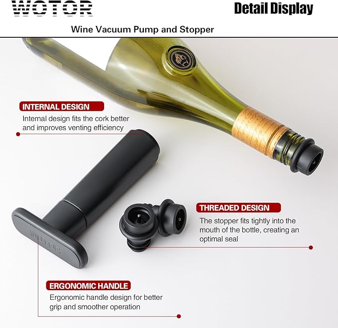 WOTOR Wine Saver Vacuum Pump with 20 Stoppers, Wine Stopper & Preserver, Reusable Bottle Sealer Keeps Fresh, Ideal Accessories Gift (Flat Handle)