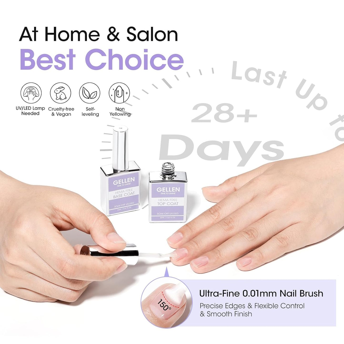 GELLEN 20ml Gel Base and Top Coat, Hema-Free Glossy Top Coat and Base Coat for Gel Nail Polish, No Wipe Soak Off Curing Needed Clear Nail Polish, Easy DIY Manicure Set-BrightBean Baby