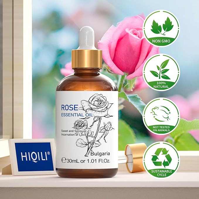 HIQILI Rose Essential Oil 1 Fl Oz, 100% Natural Therapeutic Grade for Aromatherapy, Diffuser, Skin Care, Massage, Includes Premium Quality Glass Dropper-BrightBean Baby