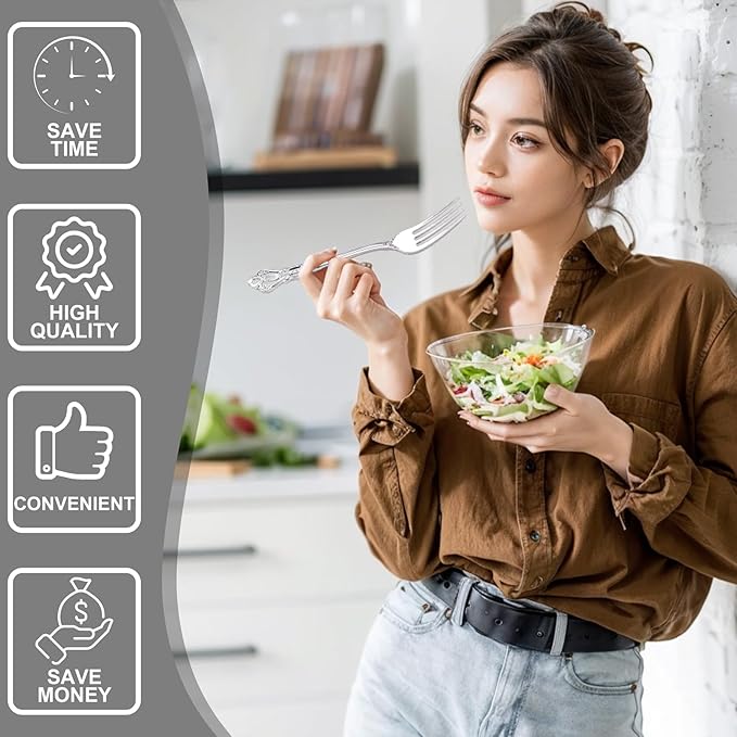 200PCS Silver Plastic Cutlery - Vintage Silver Disposable Silverware - Heavyweight Plastic Utensils with 100 Forks, 50 Knives, 50 Spoons For Catering, Parties, Dinners and Weddings