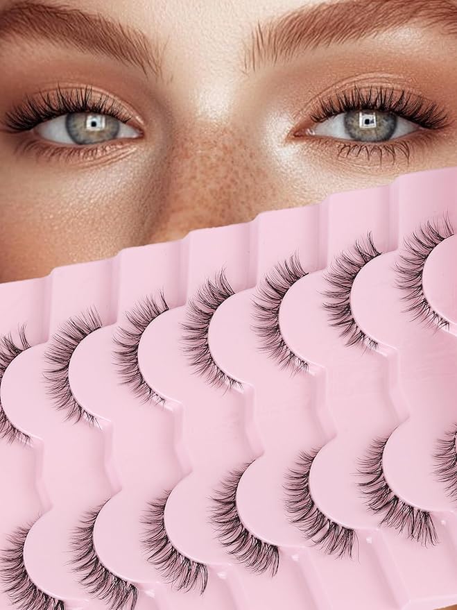 Cat Eyelashes Wispy False Eyelashes Natural 12mm Short Lashes with Thin Band Fake Eyelash 3D Volume Strip Lashes Siligli Eyelash Pack 7 Pair-BrightBean Baby