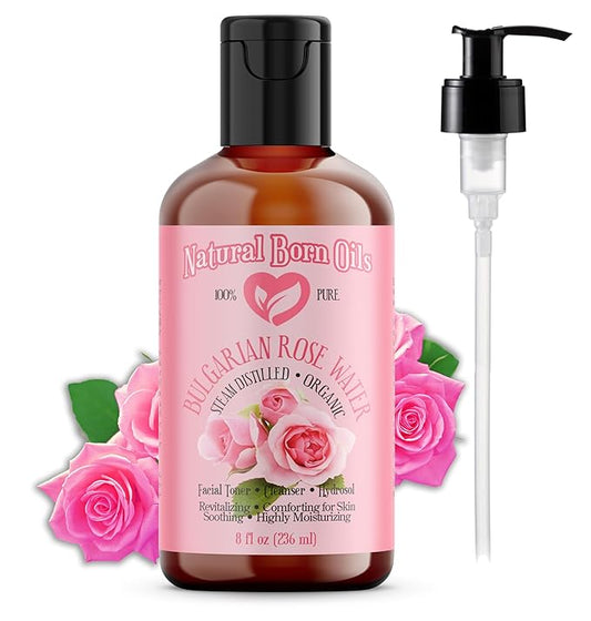 Natural Born Oils 8oz Rose Water Hydrosol, 100% Pure and Natural, Organic, Steam-distilled, Facial Toner Cleanser, with Sprayer, 8-Rose-Water-BrightBean Baby