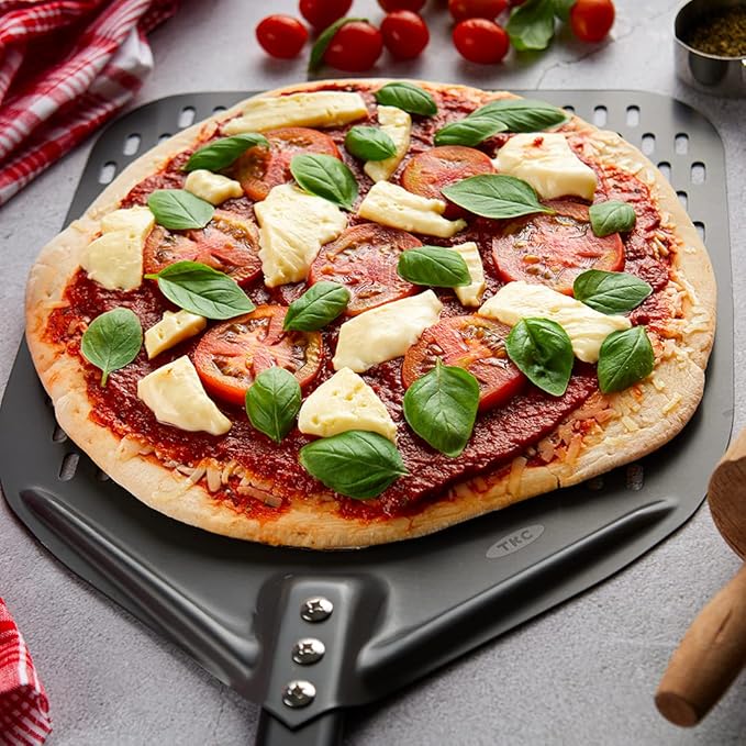 TKC Perforated Pizza Peel - 12" Metal Pizza Turner compatible with Ooni Ovens, Indoor & Outdoor Use, Durable and Heat-Resistant Handle, Lightweight Pizza Spatula (Black)