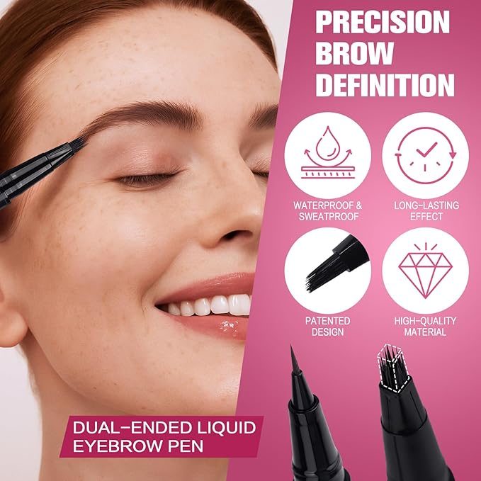 Dual Ended Microblading Eyebrow Pen - 2 in 1 Liquid Eyebrow Pencil with Brow-Fection Angled Brush & Precise Detail Brush-Tip, Shapes & Fills Hair-Like Looking Brows, Lasts All-Day, Dark Brown-BrightBean Baby
