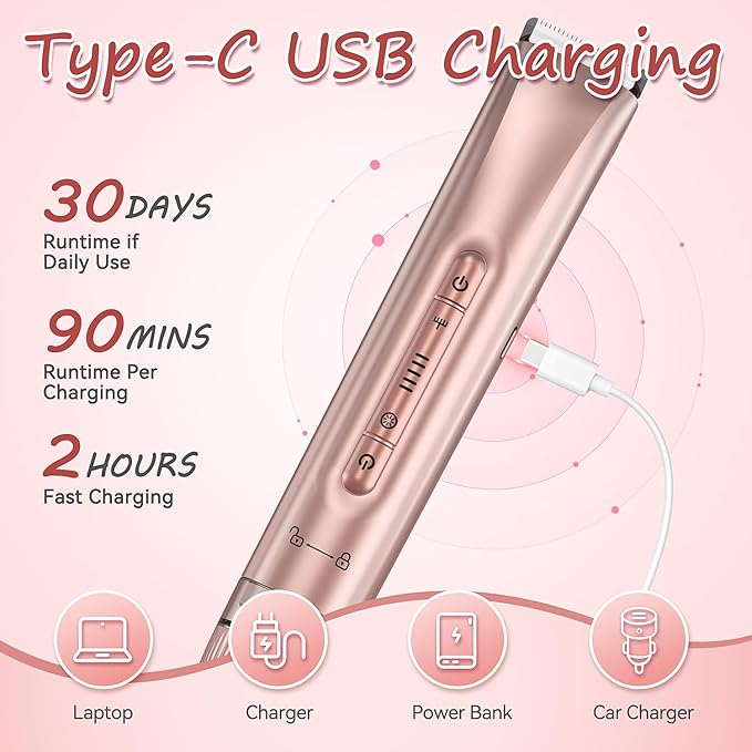 Bikini Trimmer for Women - 2 in 1 Electric Body Hair Trimmer for Silky Skin, Cordless Body Shaver for Travel, IPX7 Waterproof & Easy to Clean, Replaceable Ceramic Blade Heads, Rose Gold-BrightBean Baby