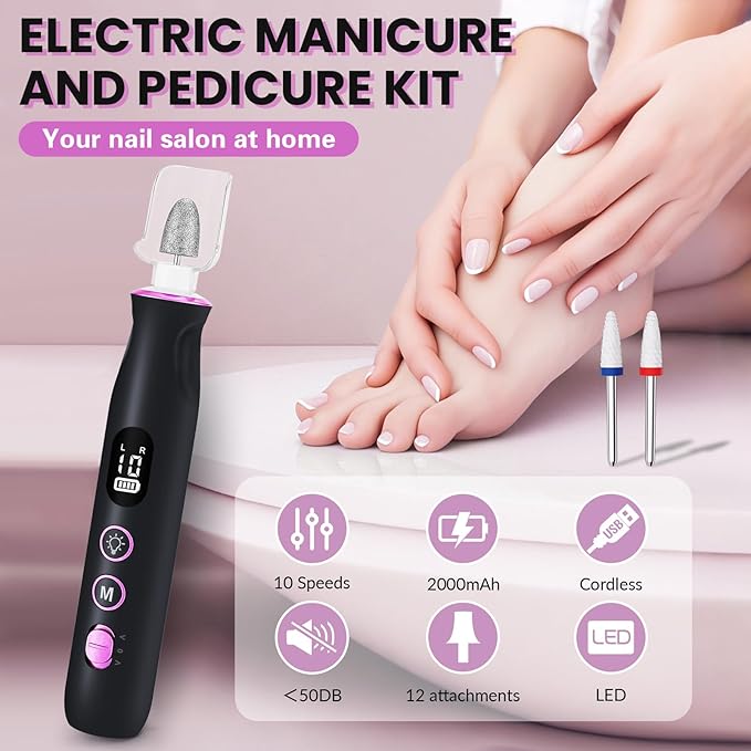 Electric Nail Drill, Cordless 2000 mAh Rechargeable Portable Nail File 12 in 1 Kit for Thick Toenails, 10 Speeds Nail Dril Machine Professional Manicure Pedicure for Hand Natural Nails Care (Black)-BrightBean Baby