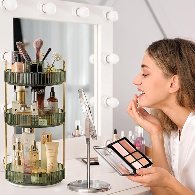 Rotating Makeup Organizer for Vanity, High-Capacity Skincare Clear Make Up Storage Perfume Organizers Cosmetic Dresser Organizer Countertop 360 Spinning (Green, New-3 Tier)-BrightBean Baby