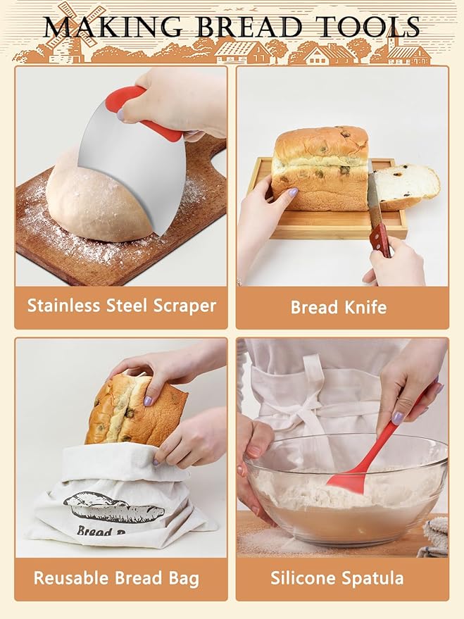Sourdough Bread Baking Kit - Breads Making Tools - Complete Sourdough Starter Kit with Proofing Baskets, Jar, Dough Whisk, Pastry Mat, Bread Knife & Tools - Gifts for Bakers Women & Moms