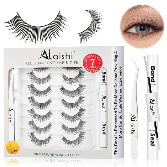 Wispy False Eyelashes Kit With Bond, Seal and Tweezer, 7 Pairs Natural Look Fake Cat Eye Lashes Strips Thin Band Extensions Waterproof Easy Eyelashes for Beginners DF2-BrightBean Baby