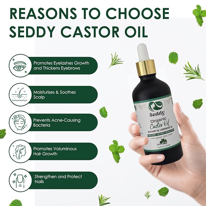Seddy Organic Castor Oil with Rosemary & Peppermint in Dark Glass Bottle - Cold Pressed | Hexane-Free | Scalp, Hair, Eyelashes, Eyebrows, Skin, & Nails | Hair Treatment Oil - 3.4 Fl. Oz-BrightBean Baby