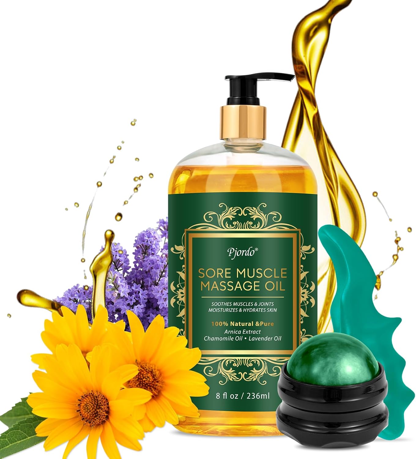 Sore Muscle Massage Oil for Massage Therapy, with Massage Roller Ball & Thumb Saver Massager, Body Massage Oil for Muscle Relaxing, Soothes Joints & Muscles with Arnica, Lavender Oil(8 Fl Oz)-BrightBean Baby