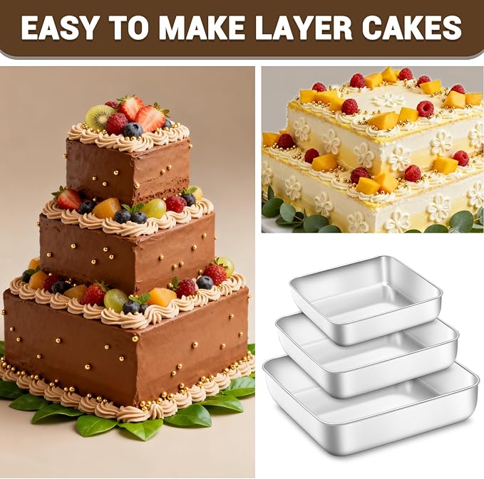 6,8,9 Inch Square Cake Pan Set of 3 - Non-Toxic Stainless Steel Brownie Pan, Heavy Duty & Dishwasher Safe, One Piece Design, Ideal Square Baking Pan for All Cakes & Multiple Purpose